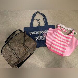 Victoria's Secret Tote Trio - Navy, Pink Stripes, Glittery Black/Gold